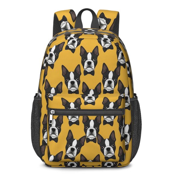 Boston Terrier Orange Pattern 17" Waterproof Oxford School Backpacks for Teens, S-Shape Padded Straps, for School, Travel, Hiking, Camping