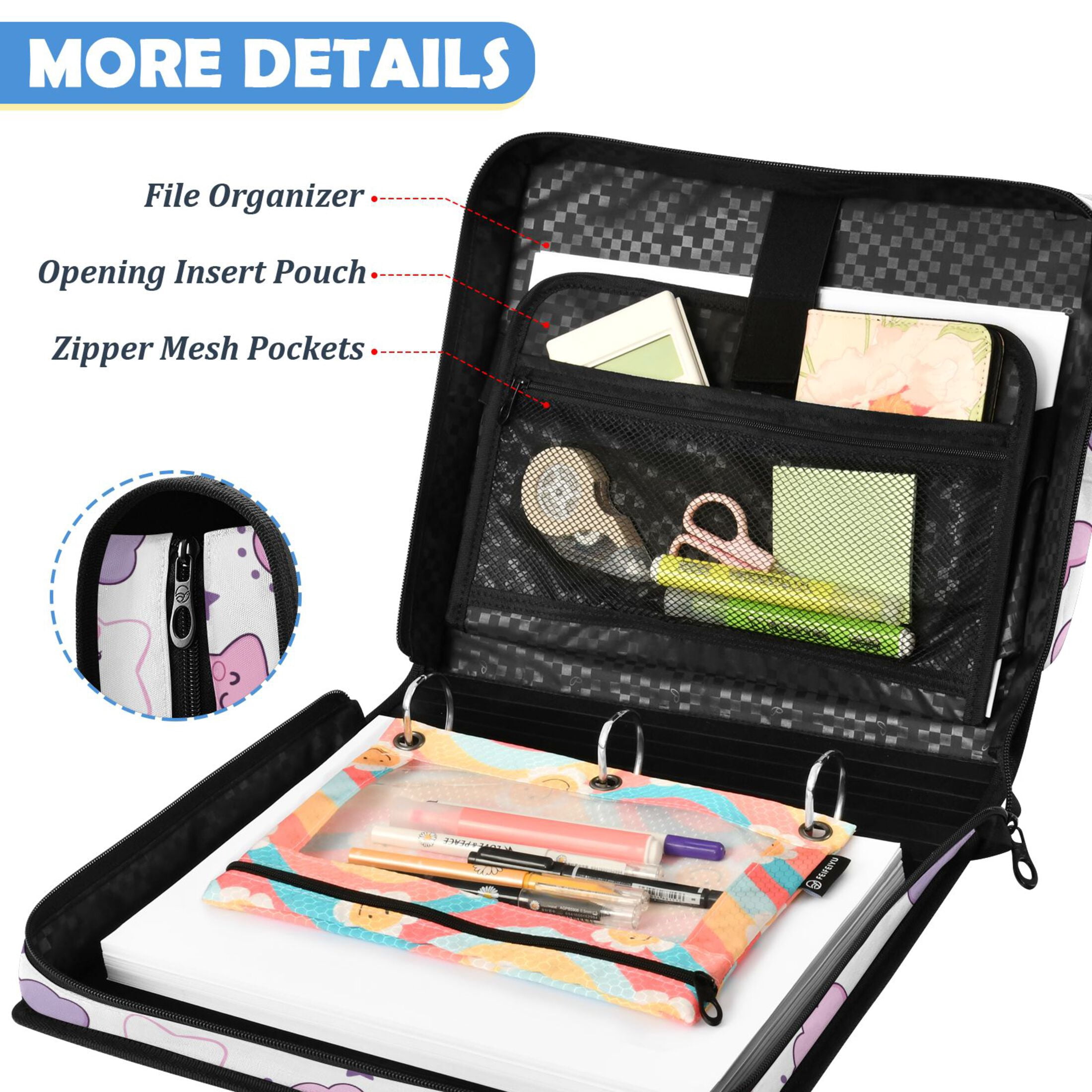 ALAZA Zipper Binder Cute Stars Cloud Pattern 2 inch 3 Ring 500 Sheet Capacity Trapper Keeper File Folder Organizer Bag