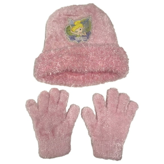 Disney Girls Fuzzy Pink Tinkerbell Fairies Beanie Stocking Cap Hat & Gloves Set