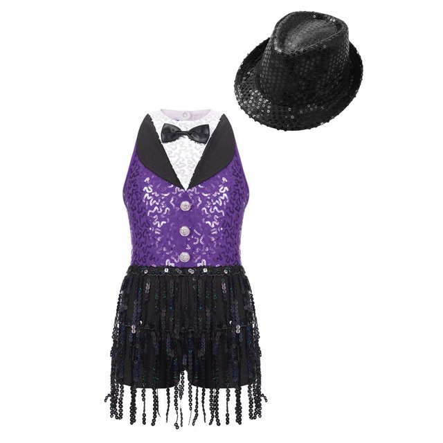 Linjinx Robe de Danse Latine à Sequins pour Filles Costume de Salon Jazz Tango Rumba et Chapeau Jupe Tutu Justau Violet&Noir 8