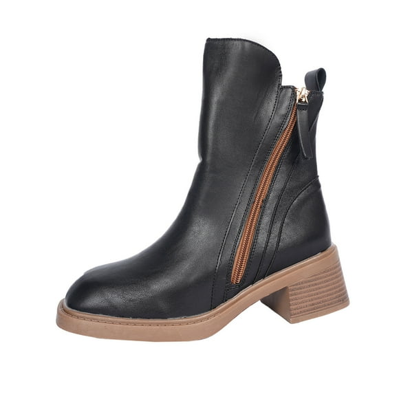 Black Ladies Casual Ankle Boots Featuring Side Zipper Round Toe Thick Sole Low Heel Winter Style For Outdoor Activities