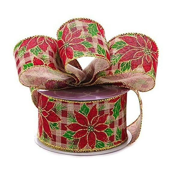 Poinsettia Gingham Natural Wired Fabric Ribbon - 2 1/2" Wide X 10 Yards (56113202)
