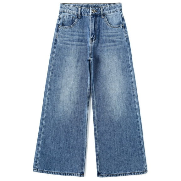 KIDSCOOL SPACE Girls Slim Jeans,Wide-leg Simple Design Denim Pants,Light Blue,8-9 Years