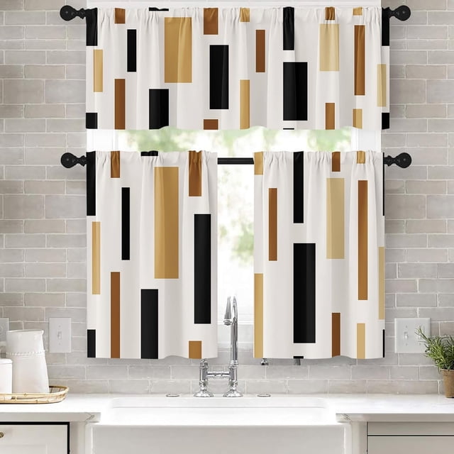 Brown Beige Kitchen Curtains Geometric Black Window Curtains Valance and Tier Set 36 Inch, Modern Rectangle Rod Pocket Short Tier Curtain, Abstract Vintage Small Curtains for Kitchen Decor
