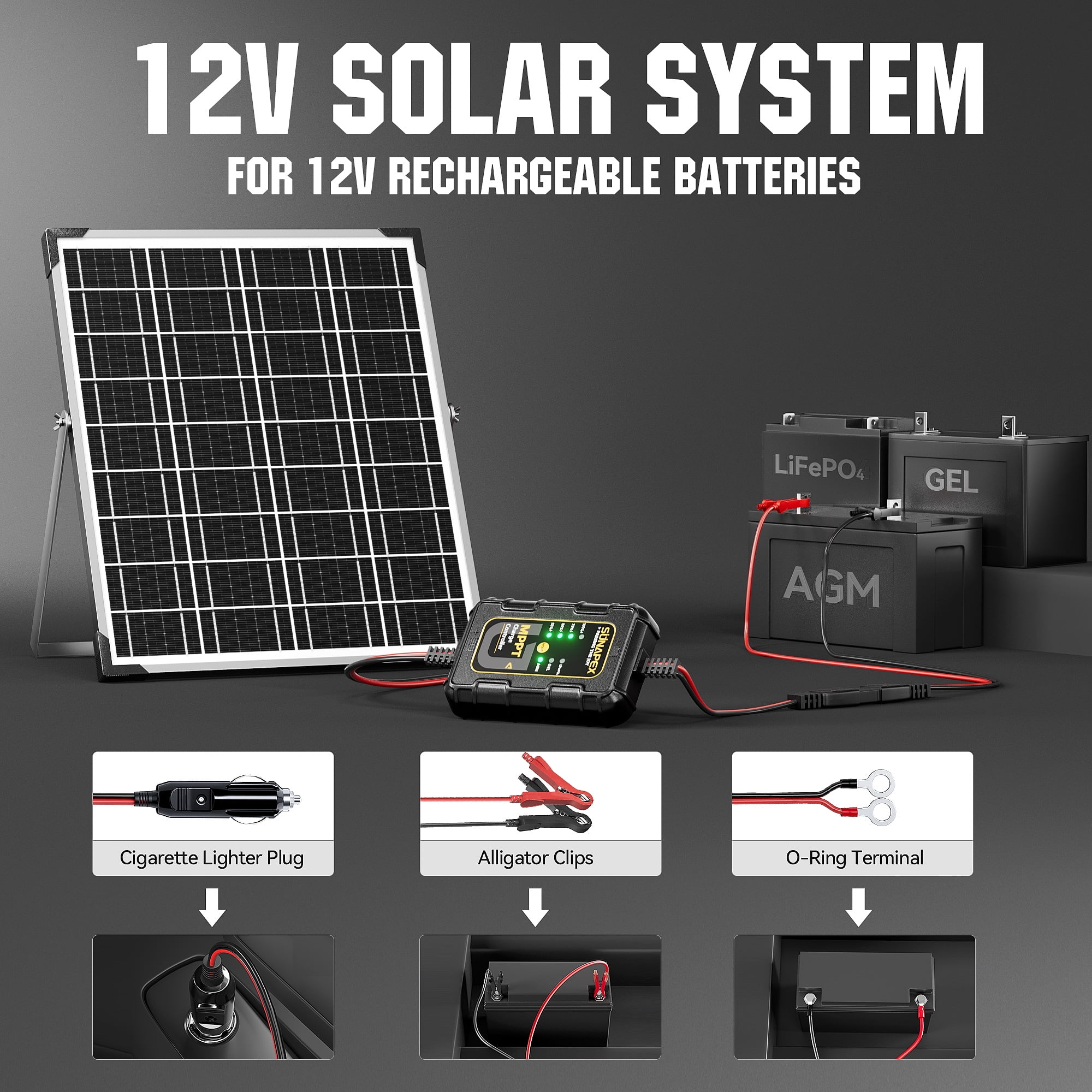 SUNAPEX 25W MPPT Solar Battery Charger Maintainer, 12V Waterproof Solar Panel Trickle Charger with MPPT Controller for Car, Motorcycle, Boat, Marine, RV, Trailer, Tractor,Truck, etc