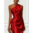 thumbnail image 2 of Women's Satin One-Shoulder Midi Dress, Ruched Waist Draped Formal Cocktail Party Dress, Elegant Evening Gown, S-2XL, 2 of 4