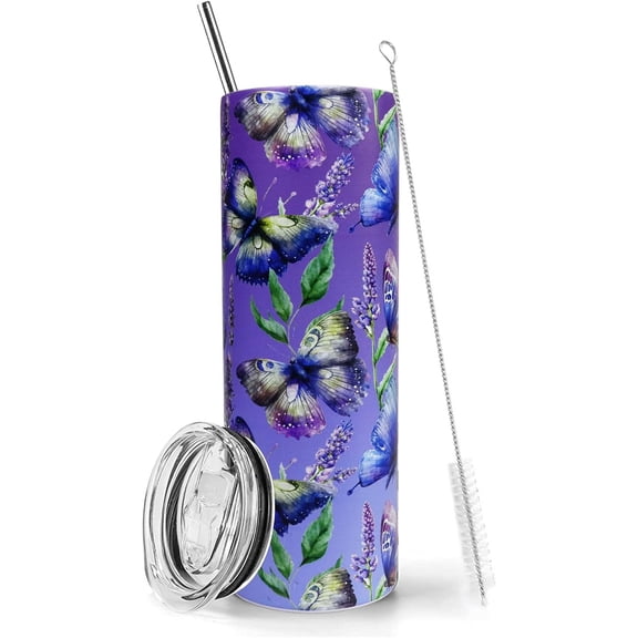 Butterfly Tumbler With Lid and Straw 20oz Stainless Steel Butterfly Skinny Tumbler Insulated Butterfly Stuff Water Bottle Cups Coffee Mug Travel Tumbler Gifts for Women