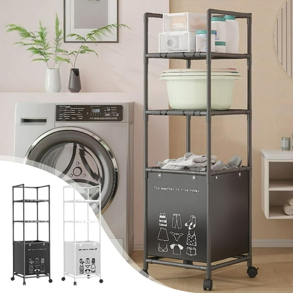 Estante de 3 niveles para baño con cesta de la ropa sucia - Organizador para ahorrar espacio para artículos de higiene, toallas y plantas, acero resistente al óxido, blanco