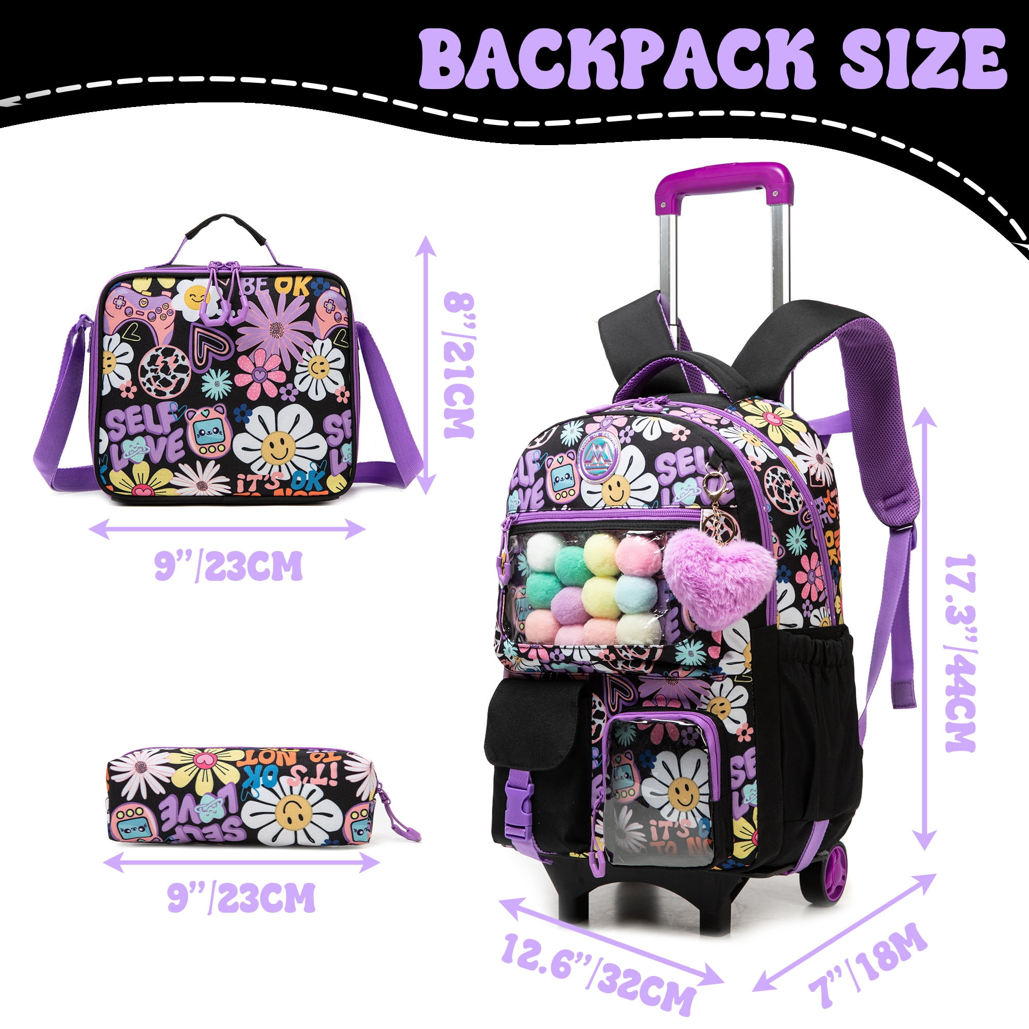 Rolling Backpack for Girls with Wheels School Bookbag with Lunch Box Pencil Case for Elementary Students Carry on Luggage Ages 8-10