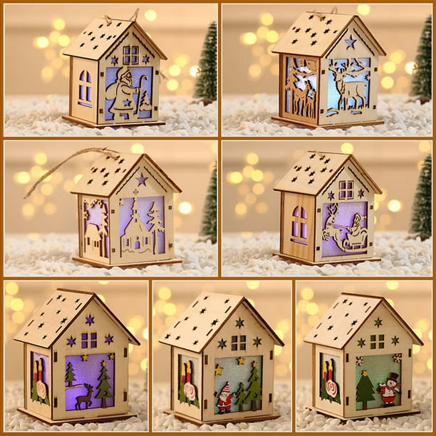 Adornos Navideños Ganfancp Casa de Madera Brillante Decoración Del Árbol de Navidad 1Xcolgante Diy