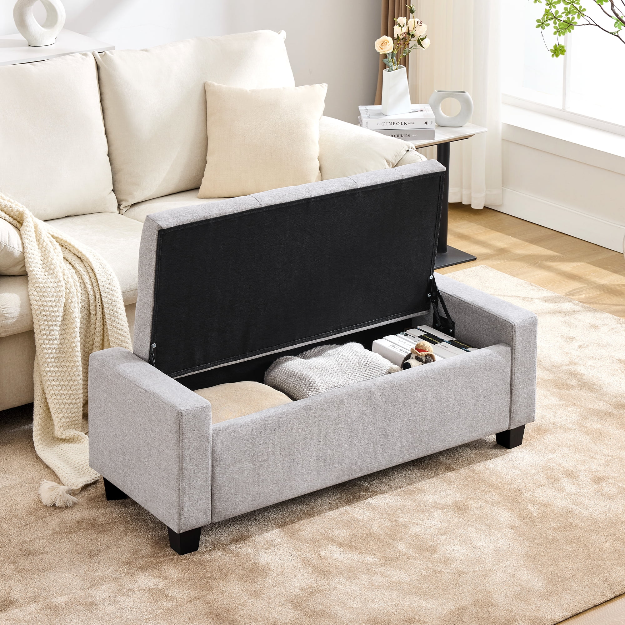 Huatean Home 48" Ottoman Storage Bench Upholstered with Safety Hinge, Light Gray