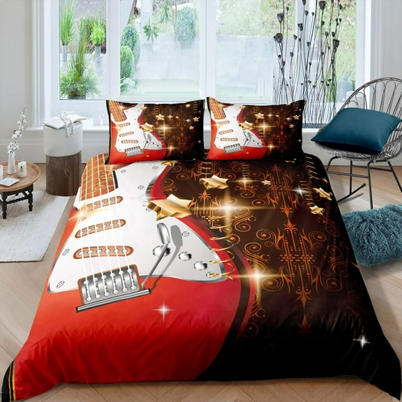 Guitar Duvet Cover Set Music Theme Bedding For Teens Microfiber Vintage Grey Guitar On Wooden Floor