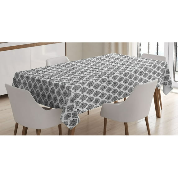 Black and White Tablecloth, Monochrome Arrangement of Abstract Oriental Damask Motifs Swirled Lines, Rectangle Satin Table Cover for Dining Room and Kitchen, 60" X 90", Black White, by Ambesonne