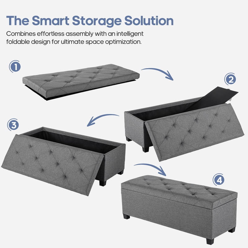 Gianna 43 Inch Storage Ottoman Bench, Tufted Upholstered End of Bed Chest, Foot Rest with Legs, Ample Capacity for Living Room, Entryway, Dark Gray