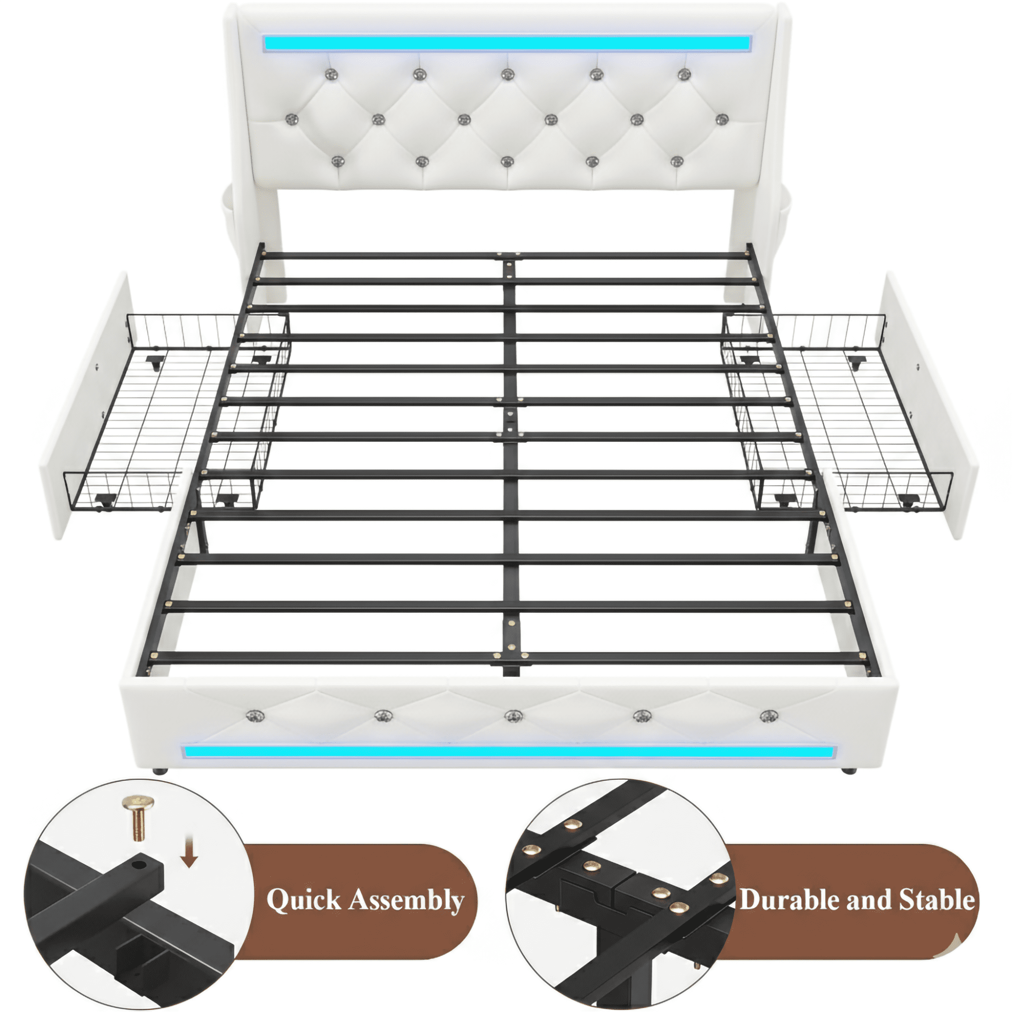 Gewnee Full Size Bed Frame with Storage Drawers & Charging Station,PU Upholstered Platform Bed with Button Wingback Headboard and Side Pocket,LED Bed Frame,No Box Spring Needed.White