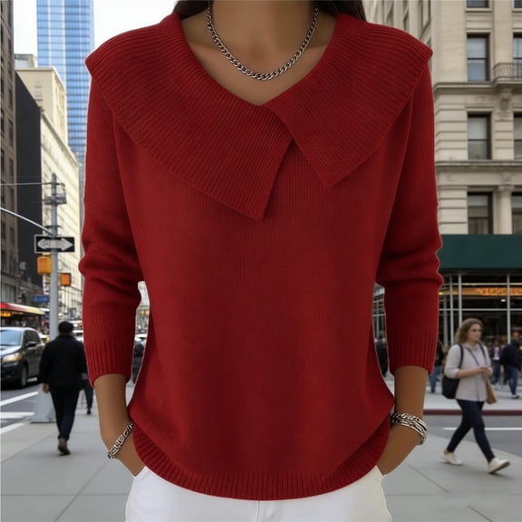 Sweaters for Women Lightweight Solid Color Long Sleeve Casual Knit Pullover Jumper Tops with Lapel Design (Red XXL)