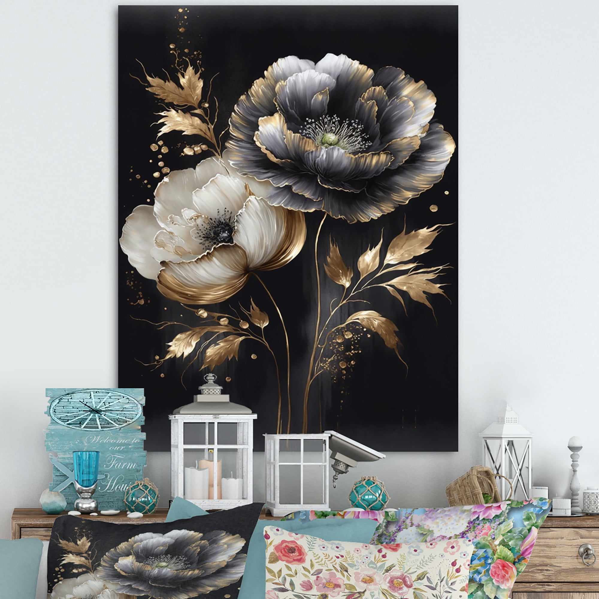 Designart Grey Gold Flower Bouquet IV Canvas Wall Art