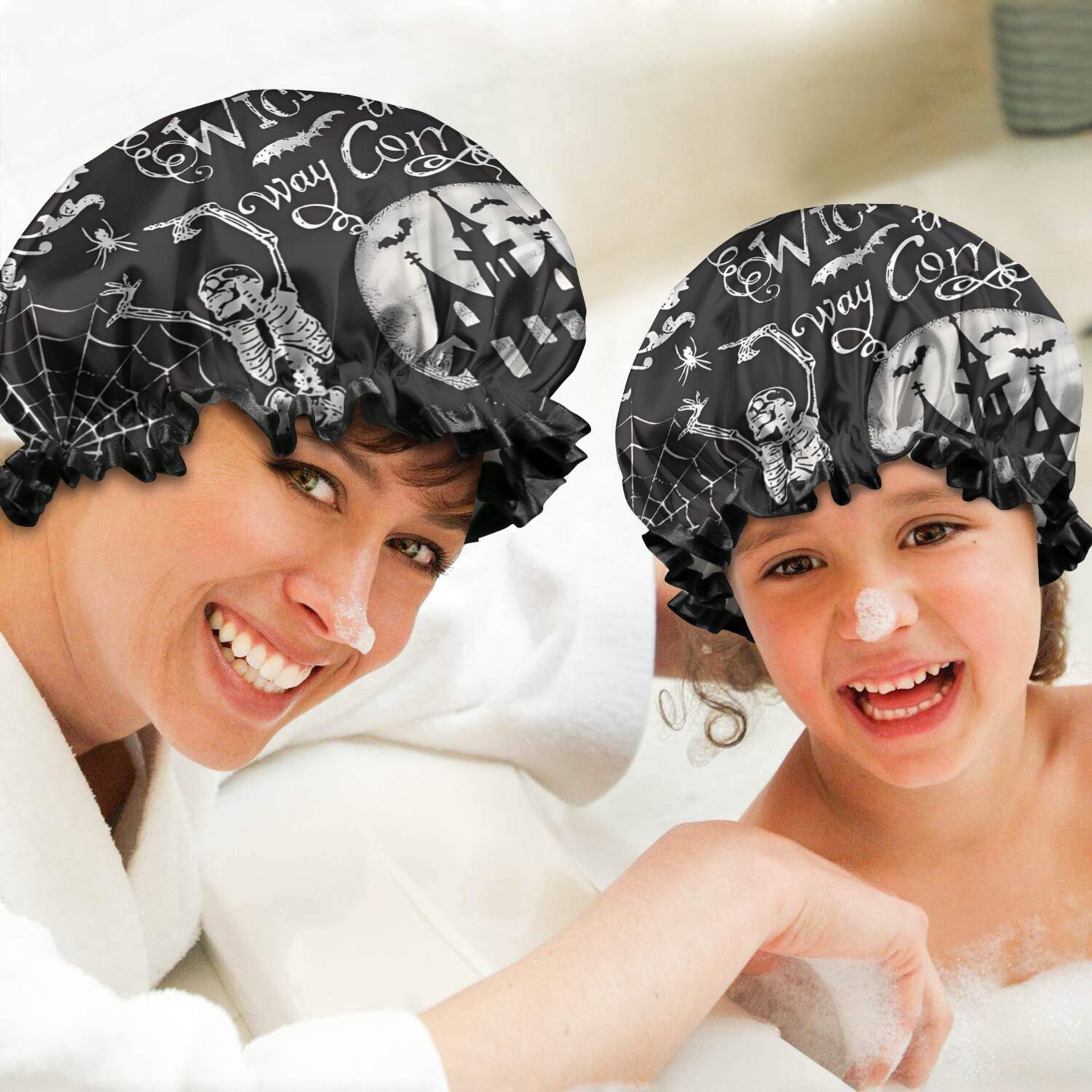 Shower Caps,Black Halloween Letter Bat Pattern Waterproof Shower Cap for Women 4 Pieces,Double Reusable Hair Cover for Shower PEVA Elastic Stretch Hem