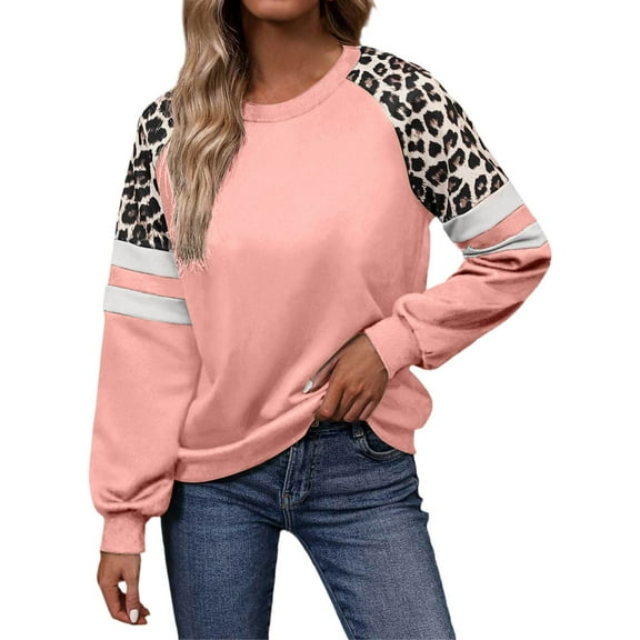 Fiaer Leopard Crew Neck Sweatshirts Women Plus Size Long Sleeve Pullover Warm Fashion Loose Fit Fall Comfort Tops Red XL