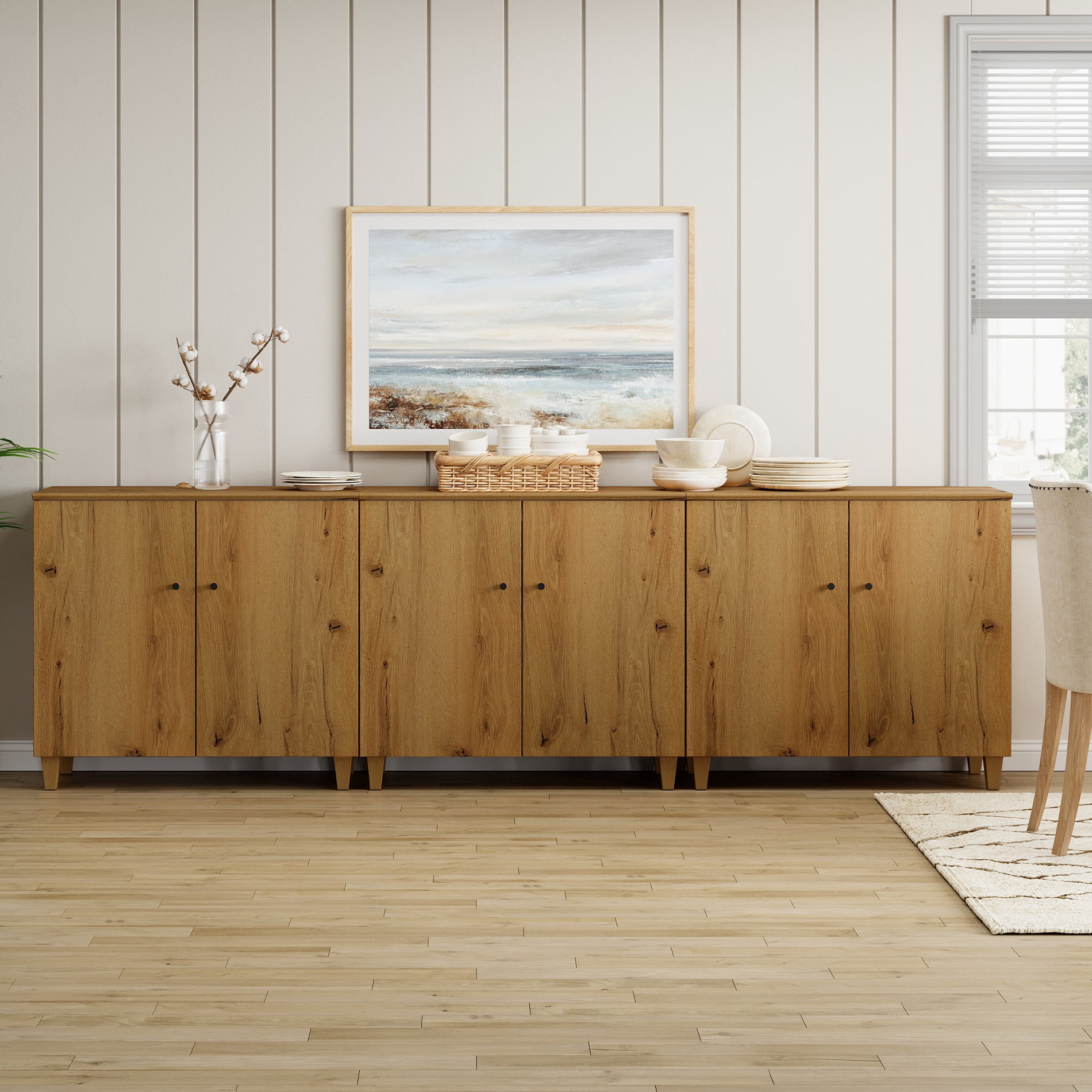 Sideboard Buffet Cabinet with 9 Compartments, 106" Wide, Oak Brown Wood Finish