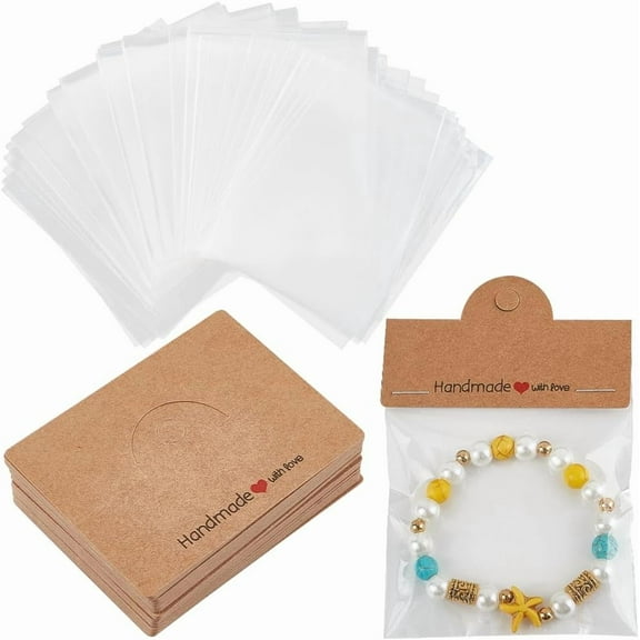 100Pcs 2.36x3.15 Inch Bracelet Display Cards Jewelry Display Hanging Cards Brown Paper Foldable Card Holders with 3.93x3.15 Inch Package Bags for Selling Showing Bracelets Earrings Bracelet BurlyWood