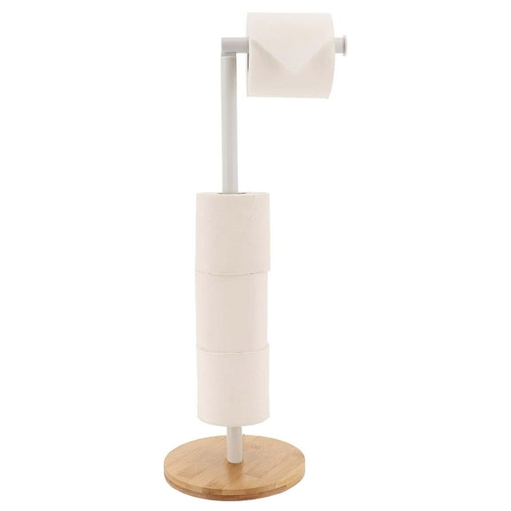 White Freestanding Toilet Paper Holder Stand with Bamboo Base