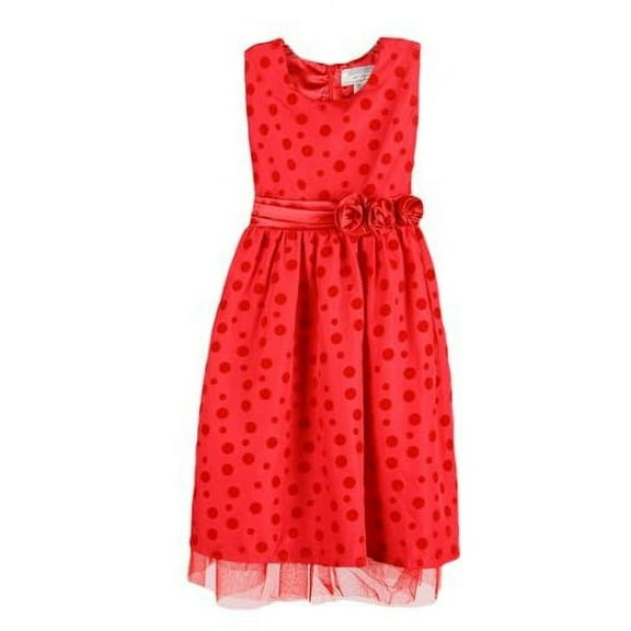 Girls Red Two Tone Polka Dotted Waist Flower Dress 10/11