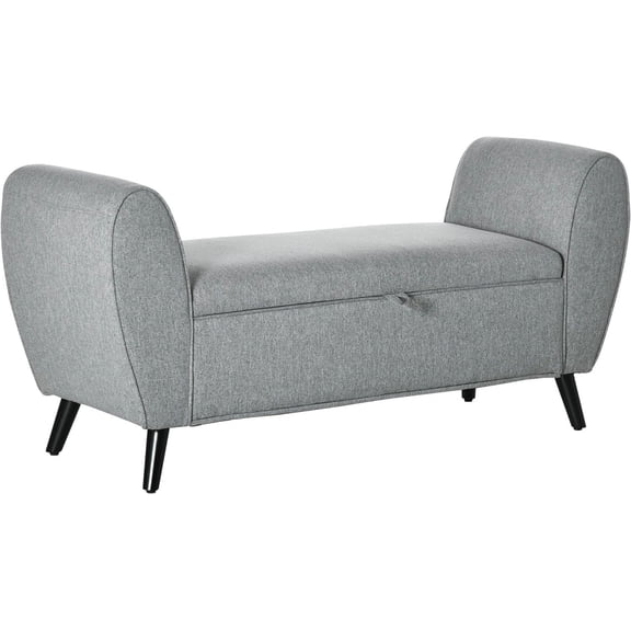 LEHOME Upholstered Storage Ottoman, Armed Storage Bench with Rubber Wood Legs for Living Room, Light Gray