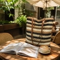 thumbnail image 4 of Homellea Striped Woven Tote Bag for Women, 15.4 Inch Summer Straw Look Shoulder Bag with Brown Handles for Beach, Vacation, Travel, Shopping, Pool, Work, Resort and Casual Daily Outfits, 4 of 6