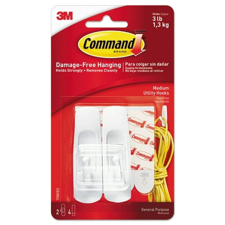 White Garment Hook - Command Damage-Free Medium Utility Hooks, White, Holds 3 lbs, 2 Hooks, 4 Strips