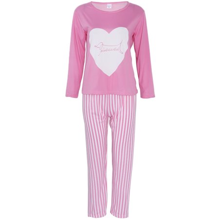 

Women Long Sleeve Love Print Tops And Stripe Pants Pink Pajamas Suit Sleepwear