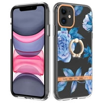 Allytech Floral Series Soft TPU Back Cover Ring Holder Kickstand Bumper Translucent Shockproof Slim Shell Cell Phone Case Cover for Apple iPhone 12, Blue Flower