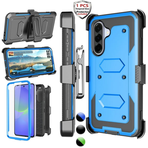 Samsung Galaxy A36 5G Case with Holster Clip [3-in-1 Rotating Belt Clip & Kickstand] Built-in Screen Protector, Shockproof Full-Body Cover, Wireless Charging Compatible – Blue