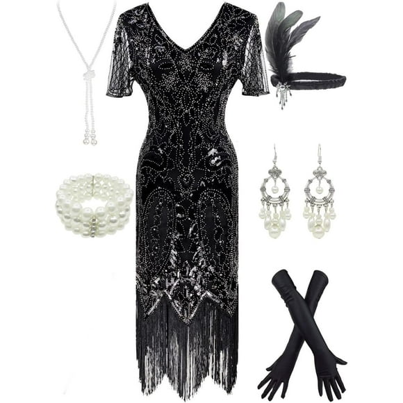 Letter Love Women 1920s Gatsby Vintage Sequin Flapper Fringe Party Plus Dress With 20s Accessories Set (M, Sequin Black)