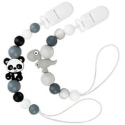 Pacifier Clip Holder, Silicone Teether Clip Toy, Baby Pacifier Soothie with Clip for Baby - 2 Pack, Black Grey
