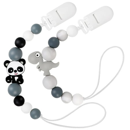 Pacifier Clip Holder, Silicone Teether Clip Toy, Baby Pacifier Soothie with Clip for Baby - 2 Pack, Black Grey