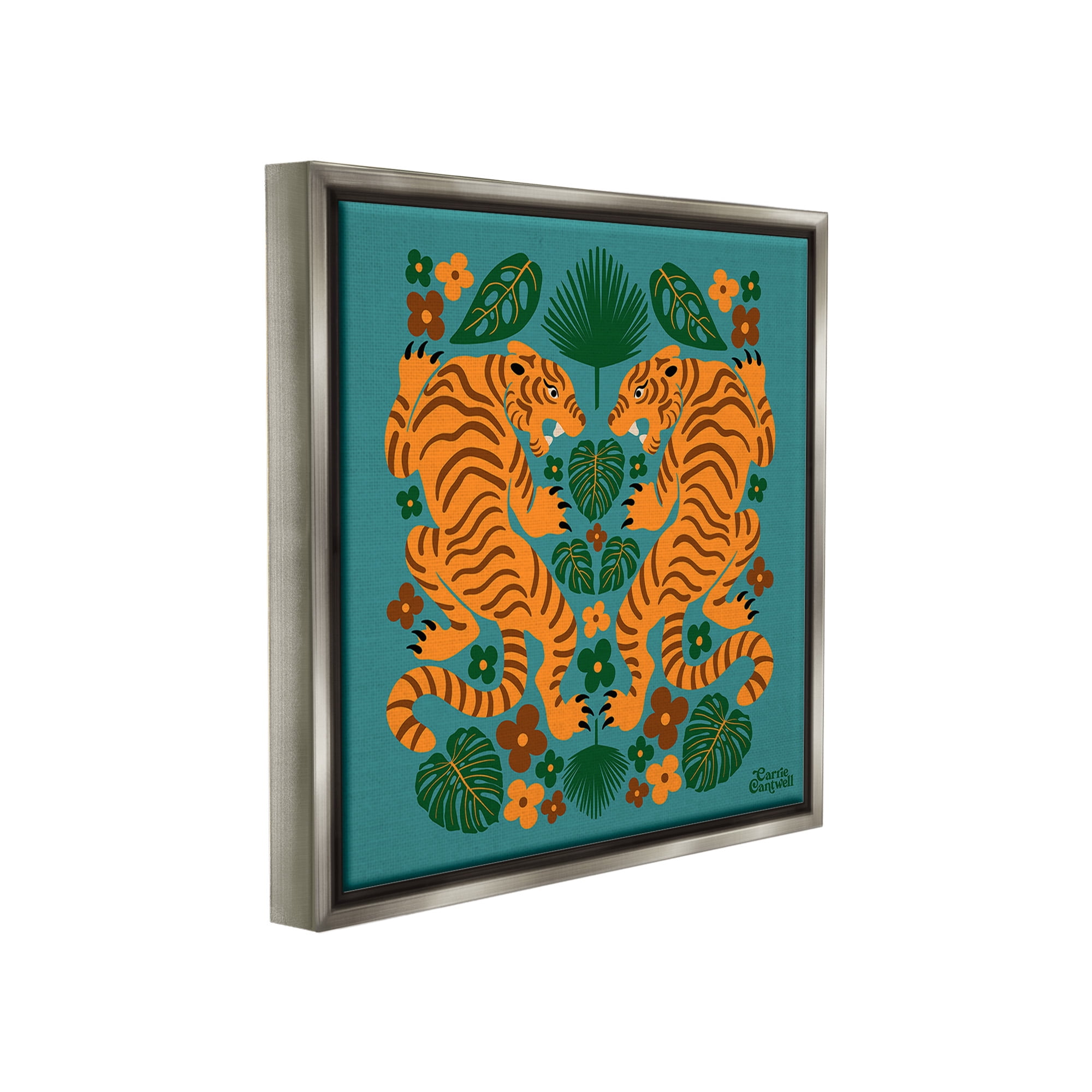 Stupell Industries Symmetrical Tigers & Nature Animals & Insects Painting Gray Floater Framed Canvas Art Print Wall Art, 18 x 18