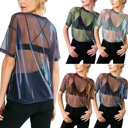 Mesh Lace Halter Top - Women Perspective Hollow Mesh Net T-Shirt Ladies Lace Short Sleeve O-Neck See-through Transparent Crop Tops Clubwear