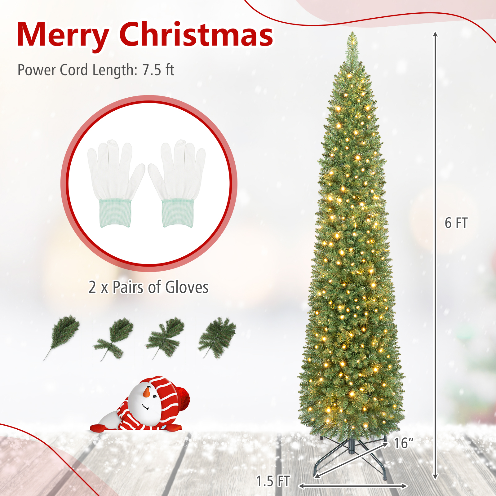 Costway 6 Ft Pre-Lit Pencil Christmas Tree with 180 LED Lights photo 3