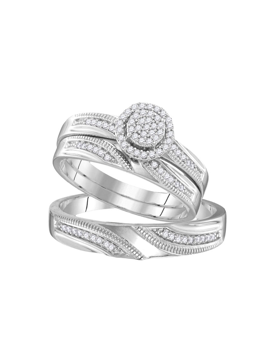diamond 3-ring wedding band set .15 bride groom matching 925 bridal engagement 