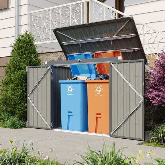 Bapipro 3 x 6 FT Storage Shed Outdoor Metal Garbage Can Shed with Lockable Doors and Easy Lift Hinges, Black