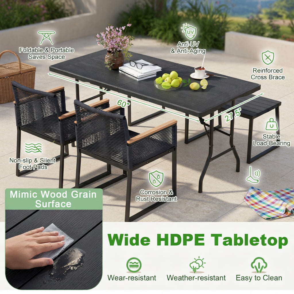 Hommoo 5FT Foldable Picnic Table with Wood-Grain HDPE Top, Non-Slip Feet & Reinforced Steel Frame, Outdoor/Indoor Table for 4-6 People, Black