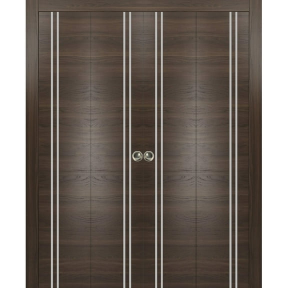 Sliding Closet Double Bi-fold Doors | Planum 0310 Chocolate Ash with Frosted Glass | Sturdy Tracks Moldings Trims Hardware Set | Wood Solid Bedroom Wardrobe Doors