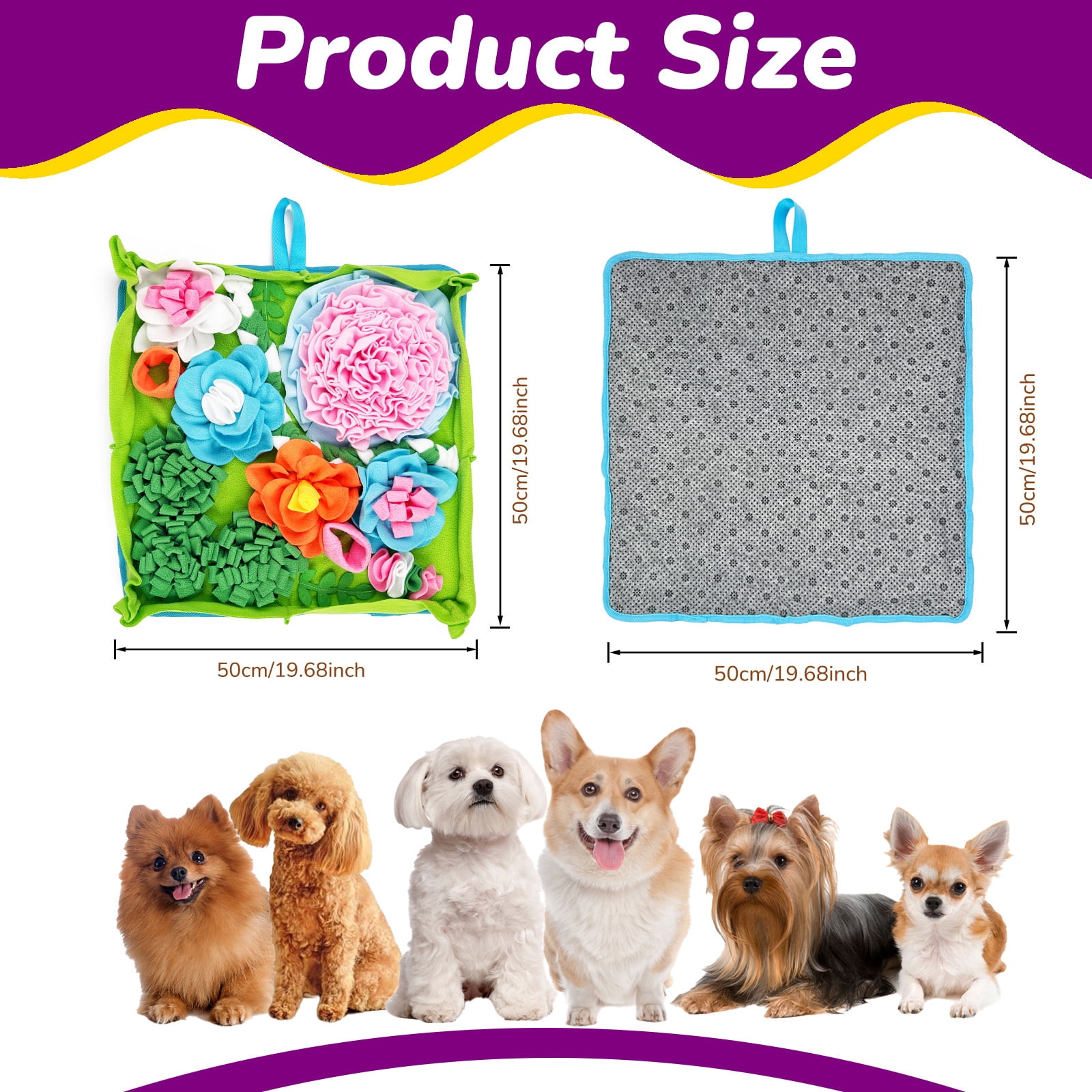 Sniffing Rug for Dog Washable Interactive Feeding Mat Tear Resistant and Waterproof Snuffle Pad Pet Puzzle Toy 50x50cm