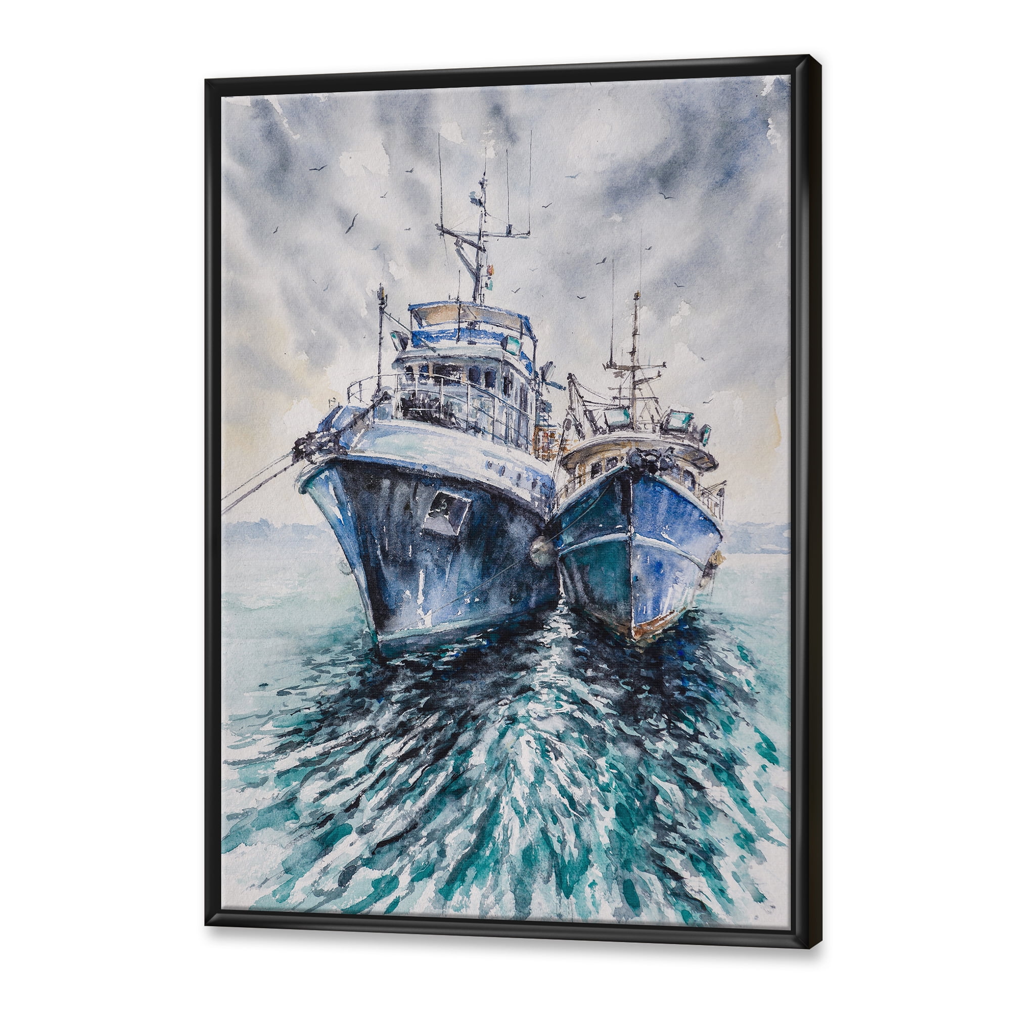 Designart 'Blue Fishing Boats Before A Storm Anchored' Nautical & Coastal Framed Canvas Wall Art Print