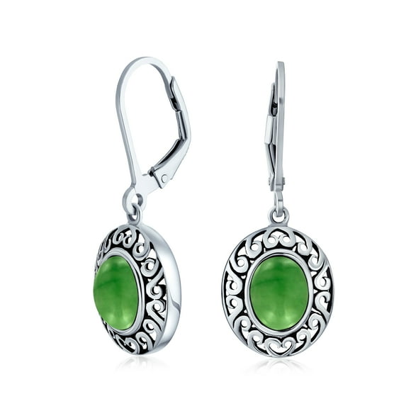 Western Style 3.2CT Dyed Quartz Simulated Green Jade Gemstone Oval Bezel Set Lever Back Dangle Earrings for Women .925 Sterling Silver