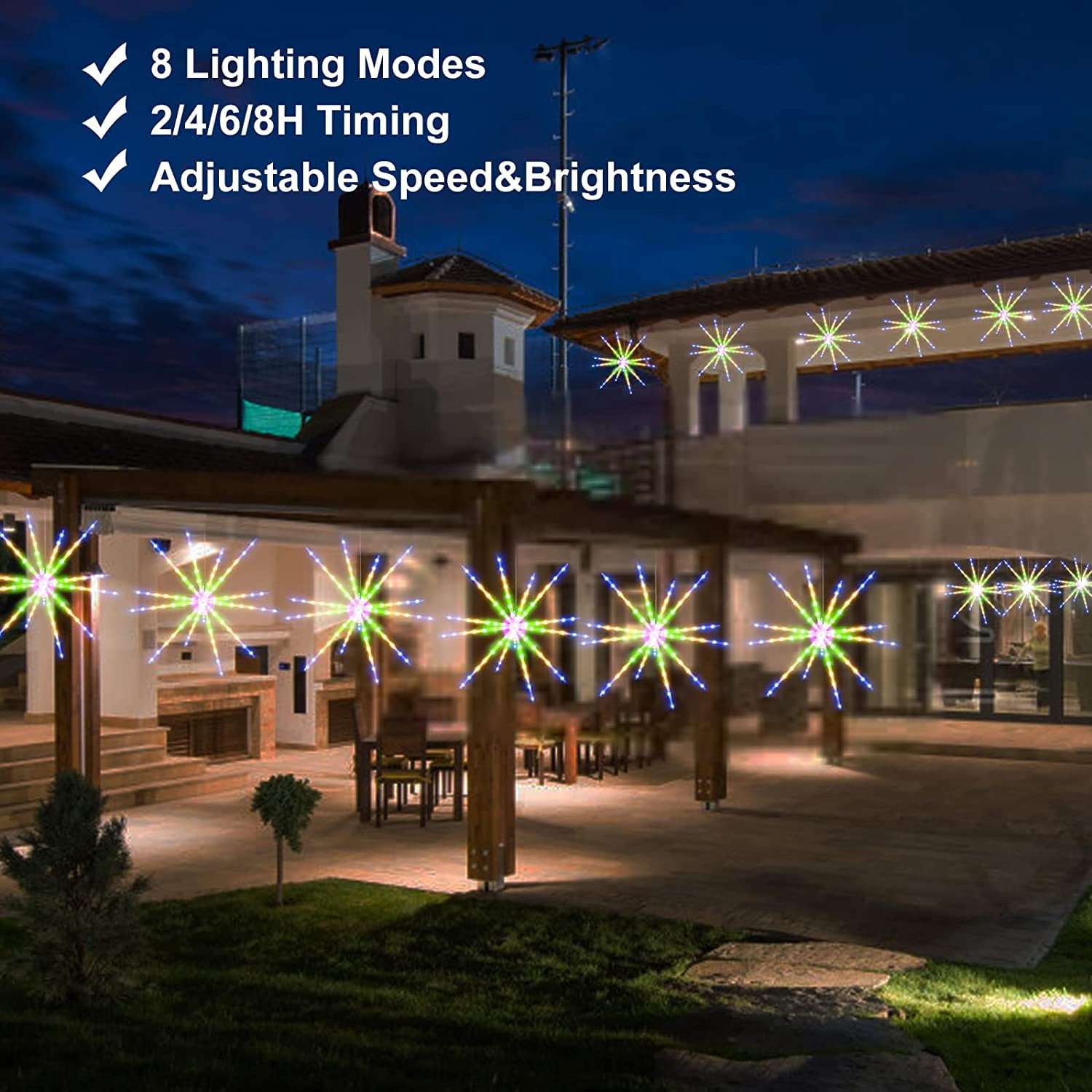 Hanging Firework Lights 2 Pack, Starburst Lights with Timer Remote Control, Battery Powered Decorative Lights