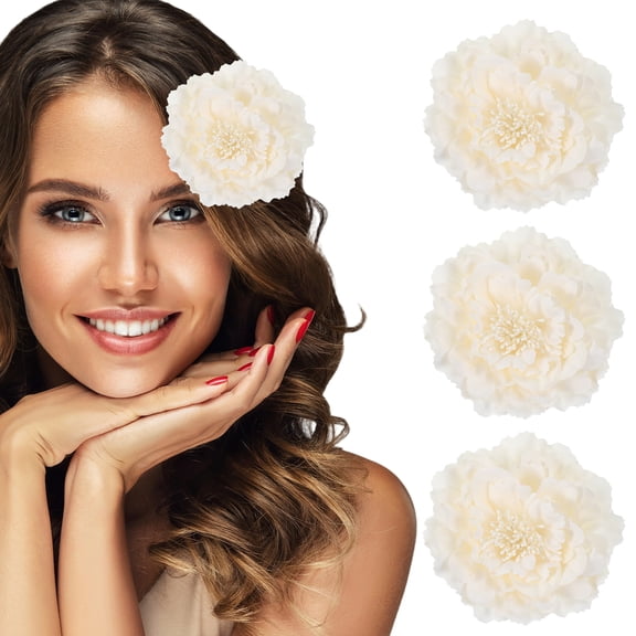 Uxcell 3 Pcs Peony Flowers Hair Clip, 4.7 Inch Artificial Fabric Head Flower for Women Hair Pins Corsage DIY Crafts Clothing Wedding Birthday Party, Deep White