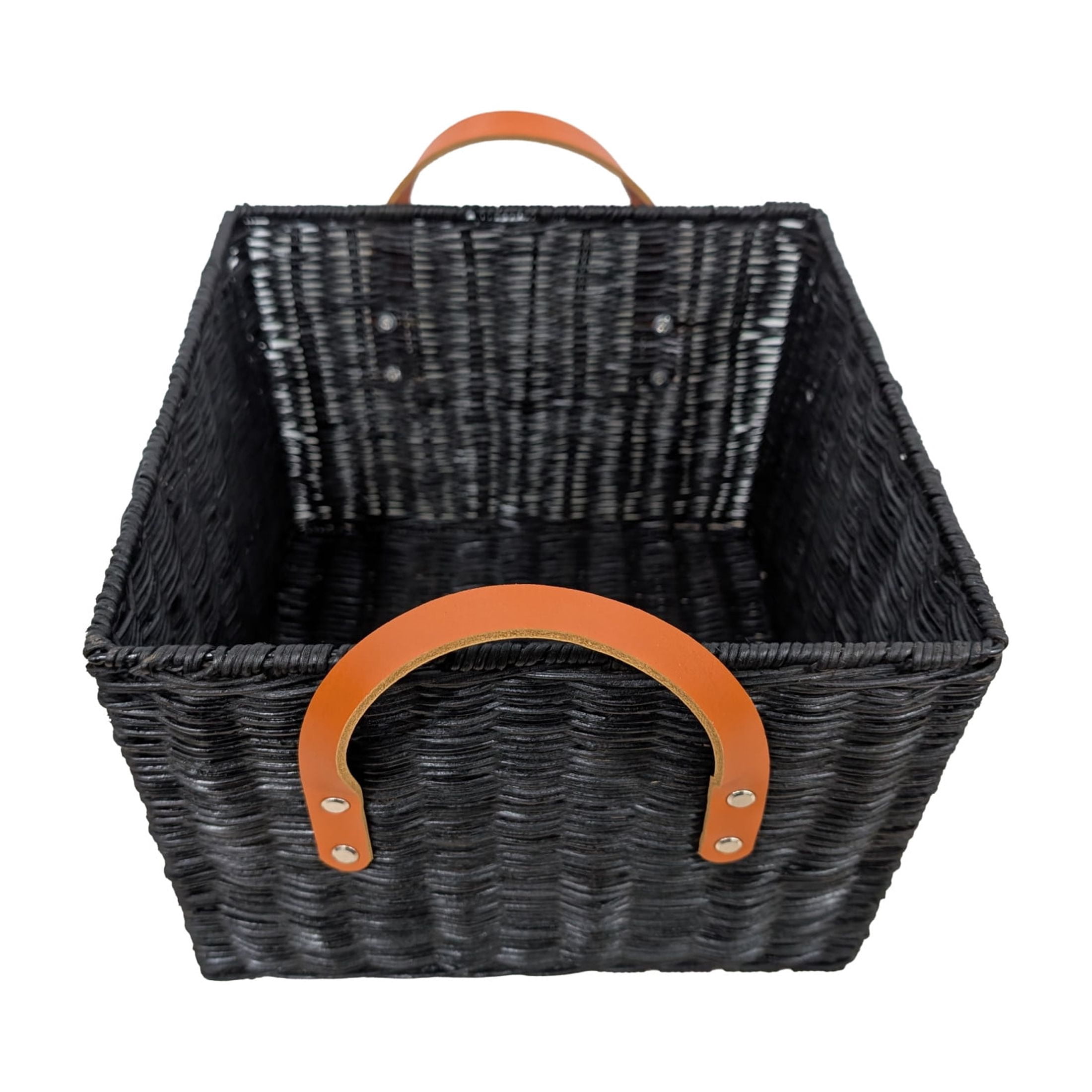 DecMode 12" x 11" Black Rattan Handmade Woven Storage Basket with Brown Leather Handles, 1-Piece