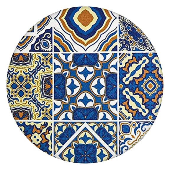 Stretch Round Tablecloth in Bohemian Floral Design, Elastic Edge Fits 52-56 Inch Tables for Indoor Dining and Outdoor Events